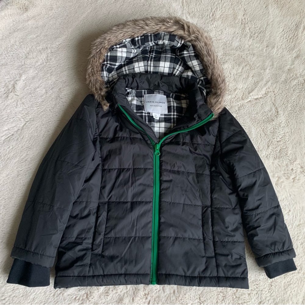 Janie and Jack Black Puffer Winter Coat Faux Fur Hood Size 3-4 Years